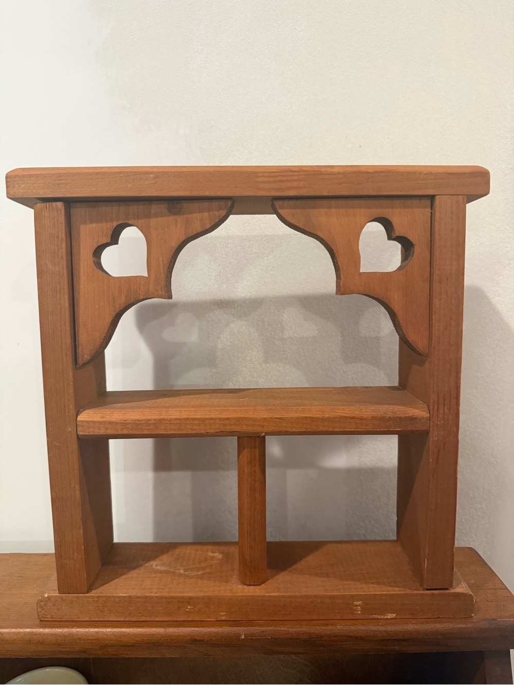 Vintage 1980s Country Pine Wood Wall Shelf with Heart Cutouts